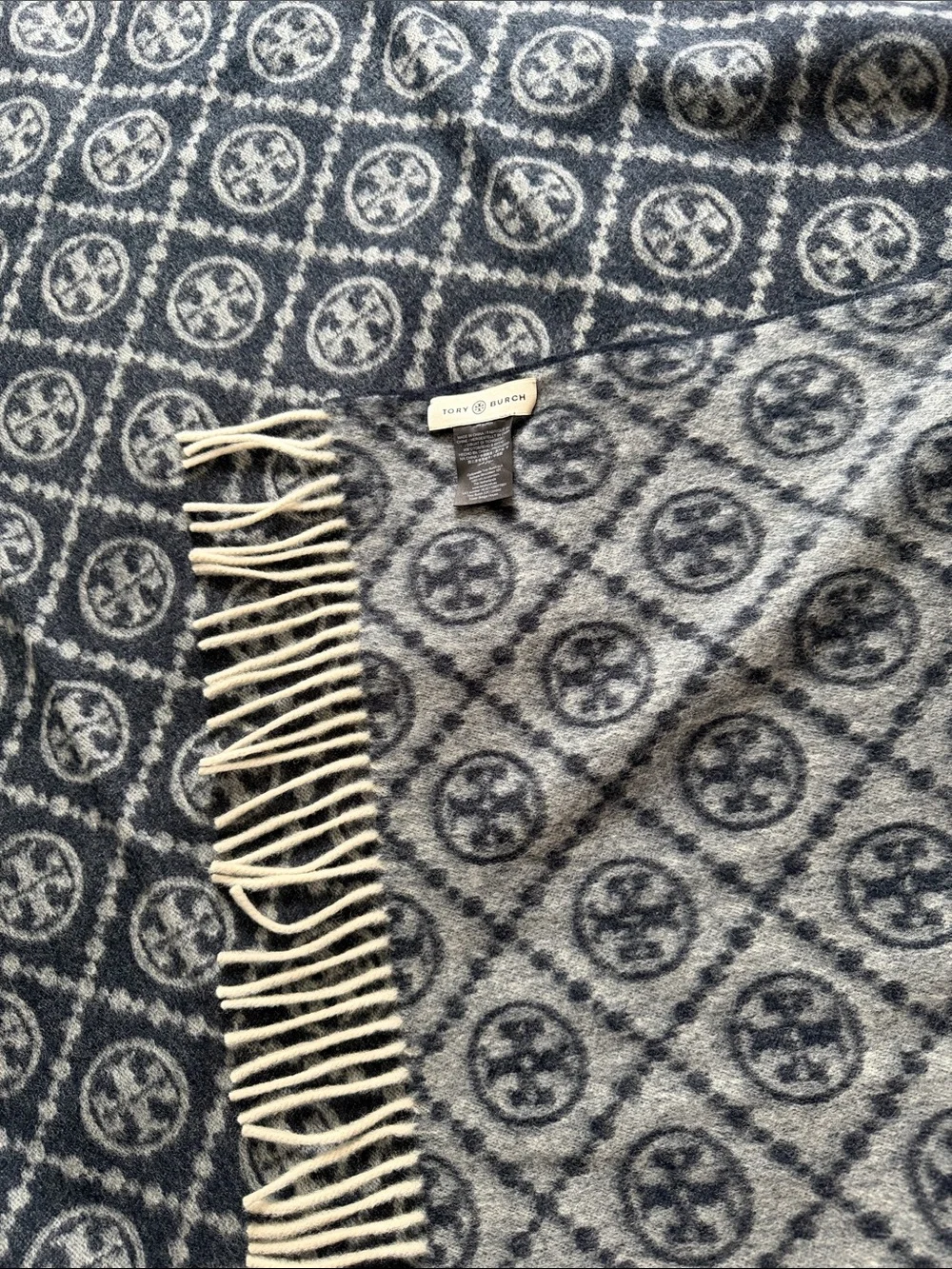 Tory Burch 100% Wool Monogram Reversible Navy and Grey Blanket NWOT